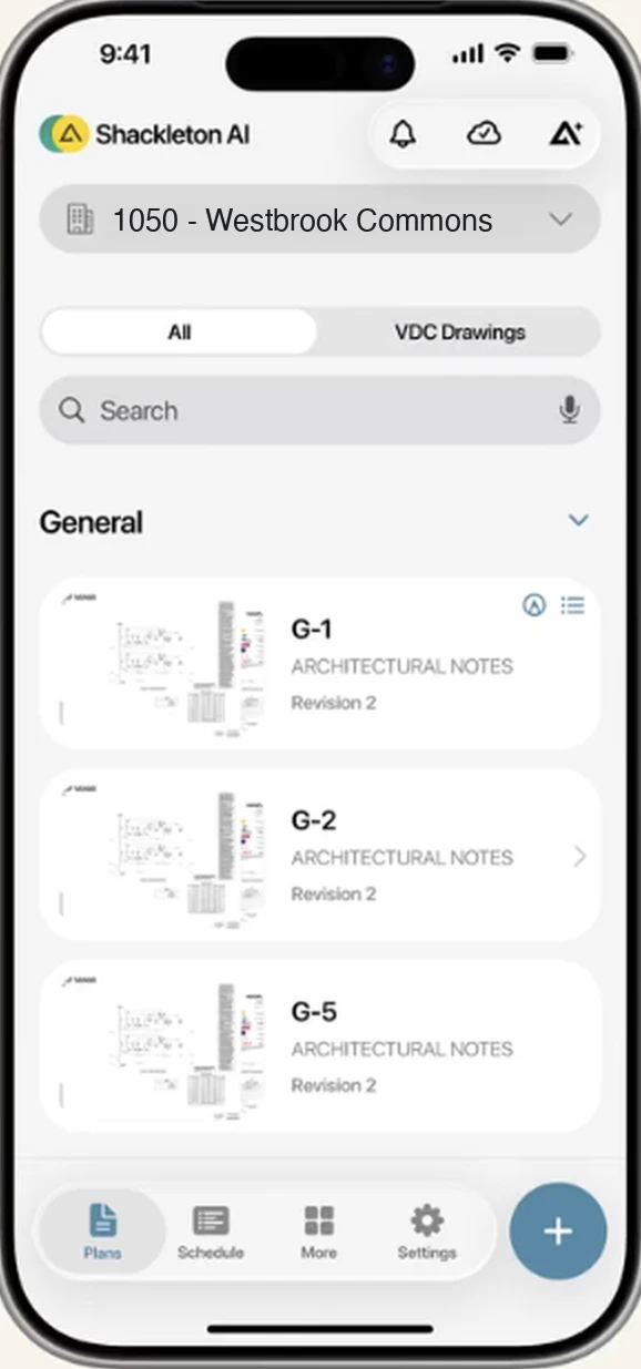 The Shackleton field app showing a project's drawing sheets with revision numbers, ready to open on site.