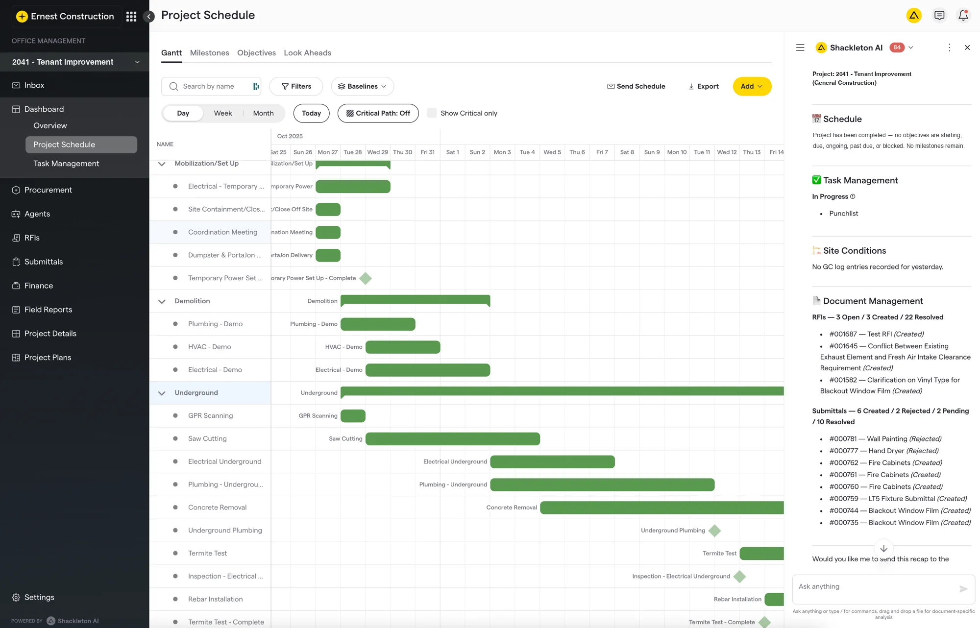 Shackleton project schedule: a Gantt chart of the build sequence with the Shackleton AI panel recapping the day's RFIs and submittals alongside it.